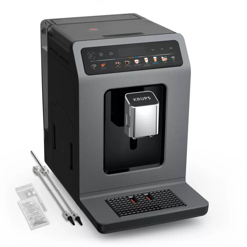 Espresso aparatas „Krups Evidence Hot & Cold EA898GF0“ — visiškai automatinis, 2,5 l vandens talpa, įmontuotas malūnėlis, 2 snapeliai