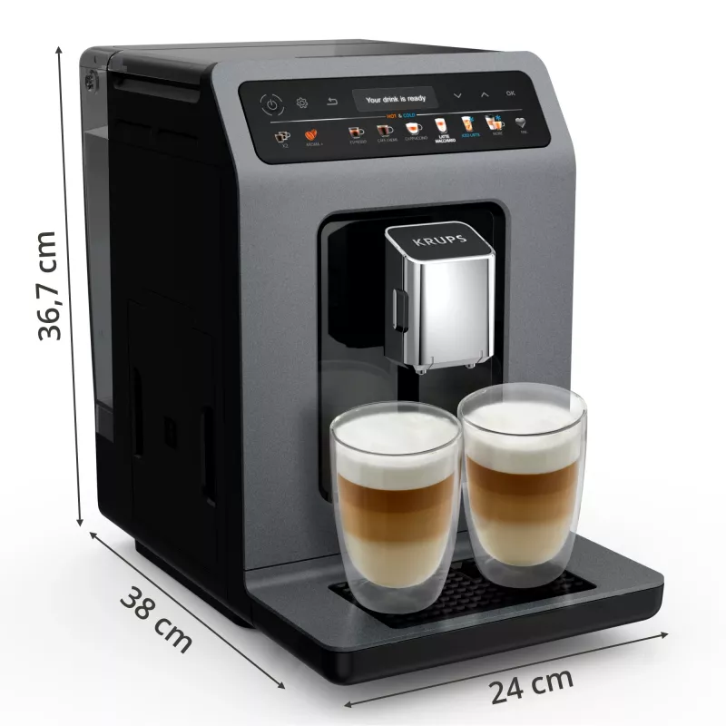 Espresso aparatas „Krups Evidence Hot & Cold EA898GF0“ — visiškai automatinis, 2,5 l vandens talpa, įmontuotas malūnėlis, 2 snapeliai