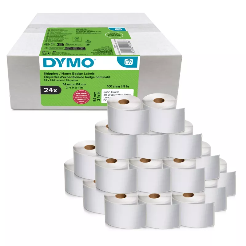 Etikečių rulonų rinkinys Dymo LabelWriter 101 x 54 mm, baltos popierinės etiketės, 24 rulonai (220 etikečių/rulone)
