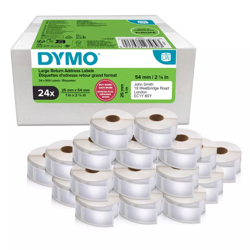 Etikečių ritinėliai Dymo 2223589 — baltos popierinės etiketės 5,4 × 2,5 cm, 500 etikečių/ritinėlyje, 12000 etikečių/pakuotėje, FSC