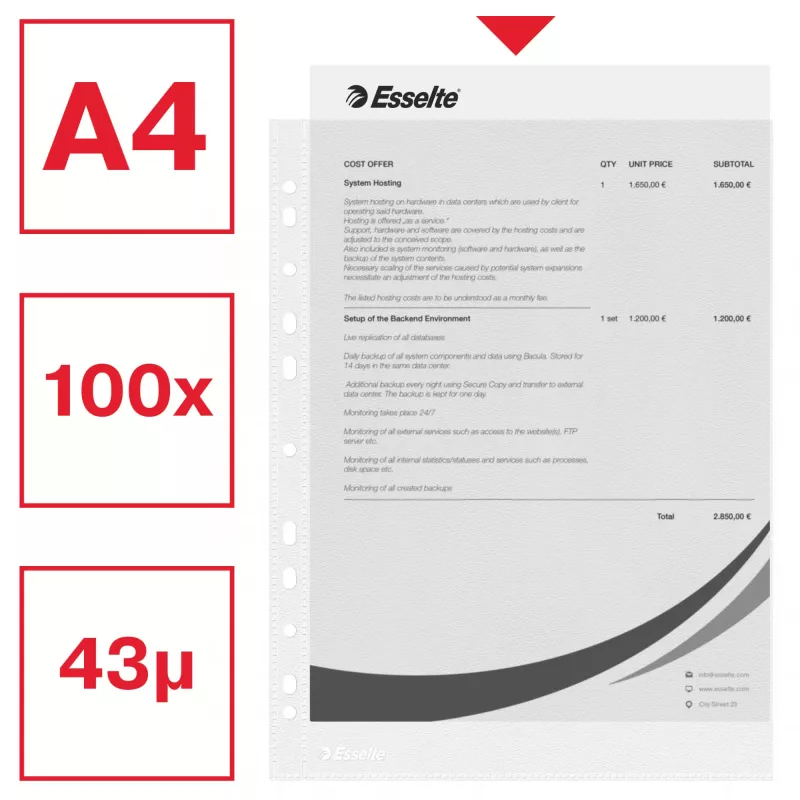 Esselte plastikiniai vokeliai A4 – Economy –, 210 x 297 mm (A4), permatomi, polipropilenas (PP), vertikalūs, įdėjimas iš viršaus, 230 mm