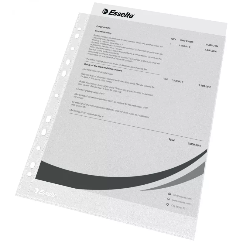 Esselte plastikiniai vokeliai A4 – Economy –, 210 x 297 mm (A4), permatomi, polipropilenas (PP), vertikalūs, įdėjimas iš viršaus, 230 mm