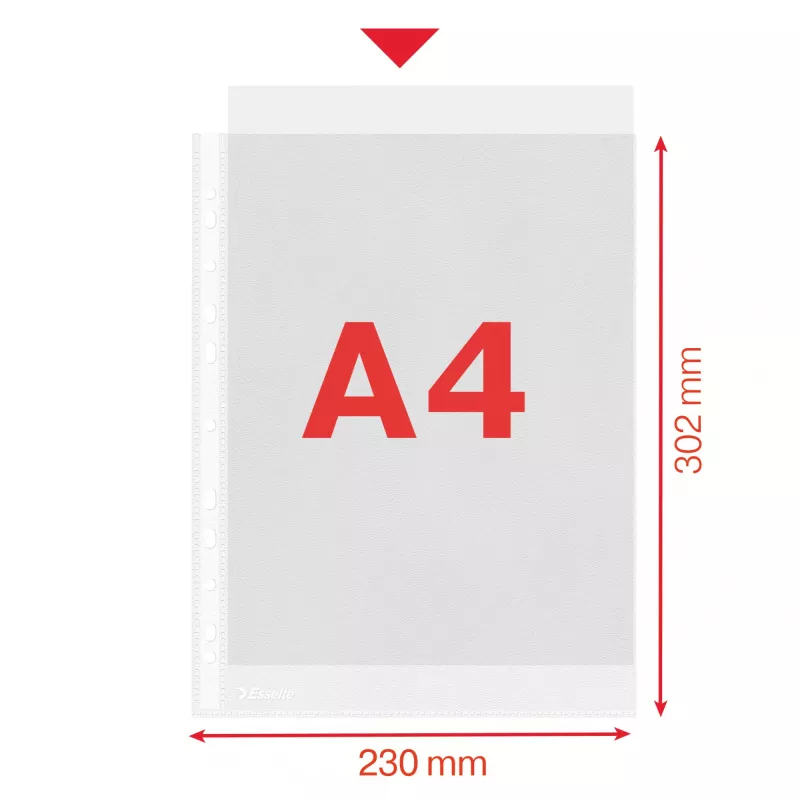 Esselte plastikiniai vokeliai A4 – Economy –, 210 x 297 mm (A4), permatomi, polipropilenas (PP), vertikalūs, įdėjimas iš viršaus, 230 mm