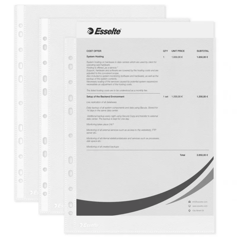 Esselte plastikiniai vokeliai A4 – Economy –, 210 x 297 mm (A4), permatomi, polipropilenas (PP), vertikalūs, įdėjimas iš viršaus, 230 mm