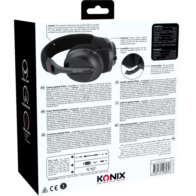 Konix PULSAR ausinės laidinės ir belaidės ant galvos žaidimams USB Type-C Bluetooth juodos