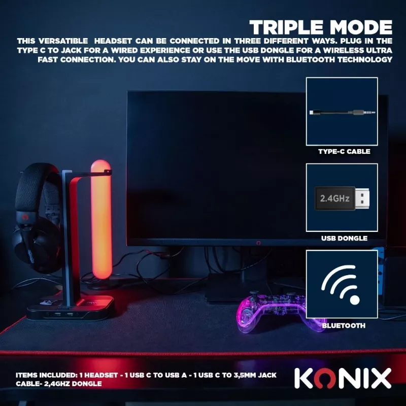 Konix PULSAR ausinės laidinės ir belaidės ant galvos žaidimams USB Type-C Bluetooth juodos