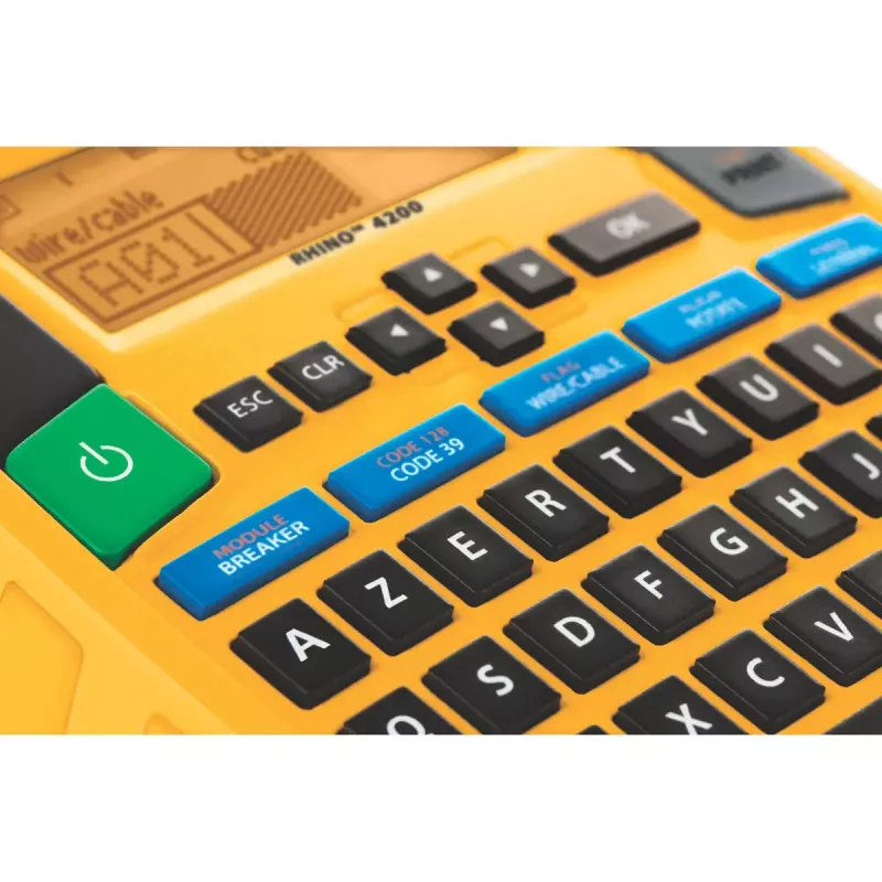 DYMO RHINO 4200 pramoninis etikečių spausdintuvas | AZERTY klaviatūra ir laiką taupantys spartieji klavišai | Patvarus etikečių spausdintuvas darbo vietoms ir intensyviems ženklinimo darbams