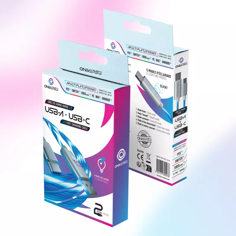 Oniverse USB-A į USB-C greito įkrovimo laidas su LED – 2 metrai – baltas (kelių platformų)