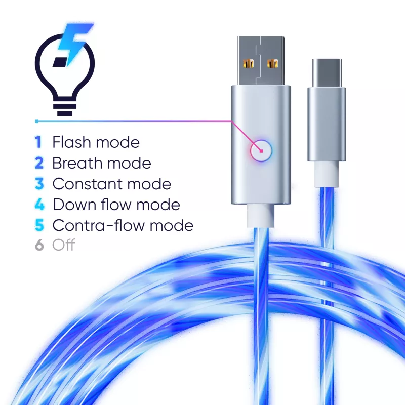 Oniverse USB-A į USB-C greito įkrovimo laidas su LED – 2 metrai – baltas (kelių platformų)