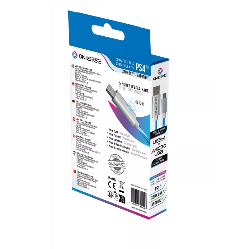 Oniverse mikro USB įkrovimo laidas su LED - 2 metrai - baltas (kelių platformų)