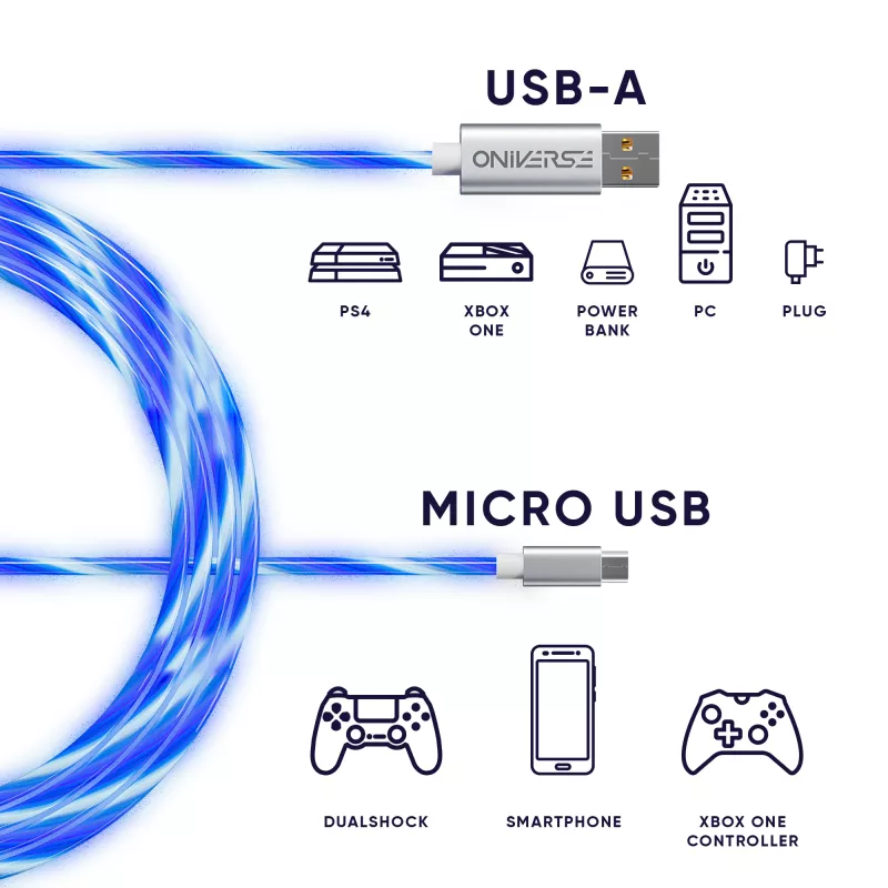 Oniverse mikro USB įkrovimo laidas su LED - 2 metrai - baltas (kelių platformų)