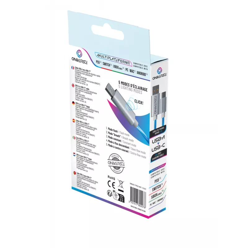 Oniverse USB-C į USB-C greito įkrovimo kabelis – 2 metrai – LED (Daugiaplatformis)