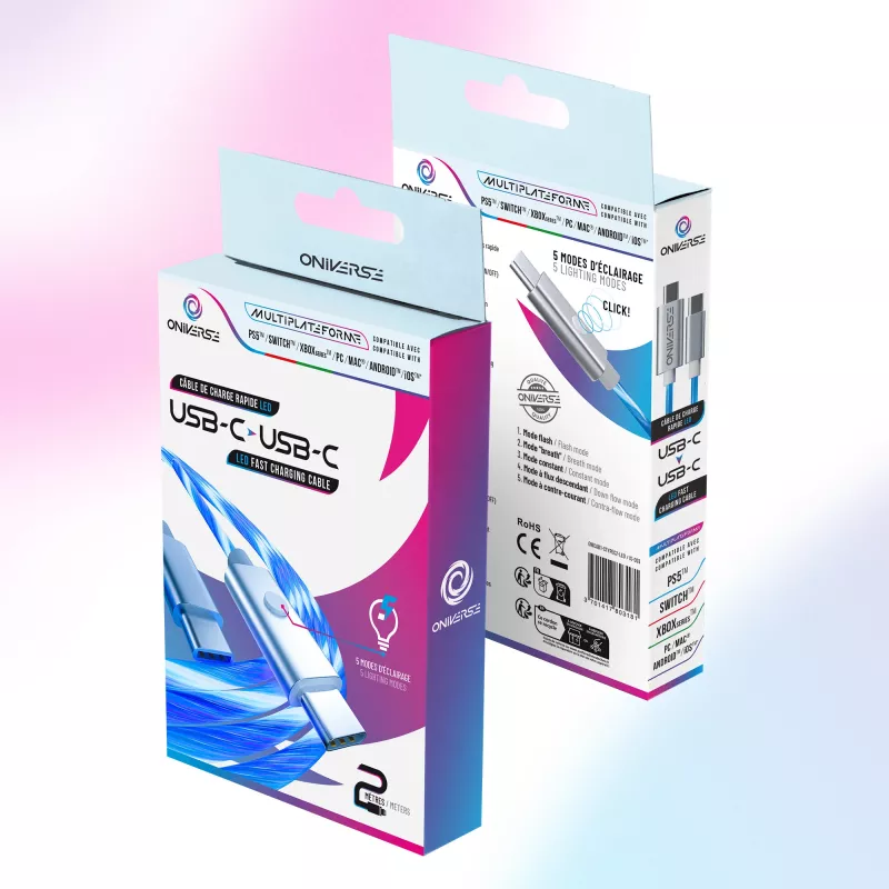 Oniverse USB-C į USB-C greito įkrovimo kabelis – 2 metrai – LED (Daugiaplatformis)