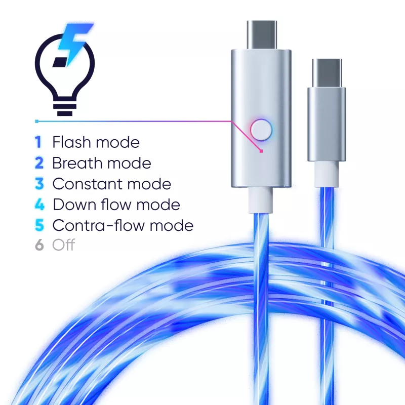 Oniverse USB-C į USB-C greito įkrovimo kabelis – 2 metrai – LED (Daugiaplatformis)