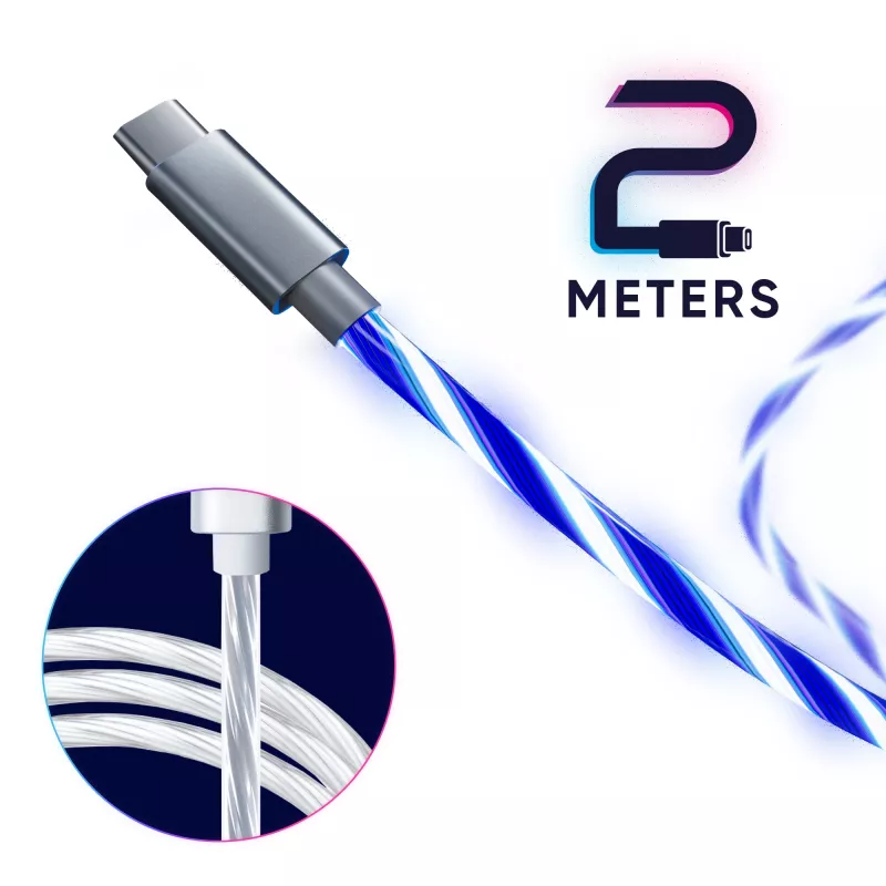 Oniverse USB-C į USB-C greito įkrovimo kabelis – 2 metrai – LED (Daugiaplatformis)