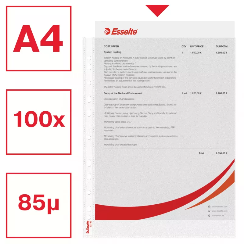 Esselte Plastlomme A4 75my klar 100 vnt.