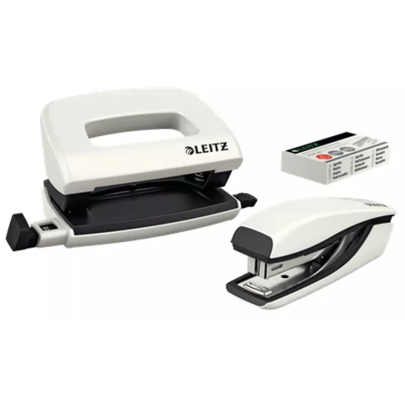 Leitz segiklio ir skylių mušimo rinkinys Mini WOW, 10 lapų, perlamutrinė, balta, P2, metalas, plastikas, 80 g/m², 3,5 cm
