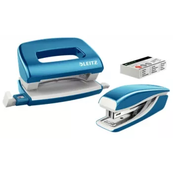 Leitz segiklio ir skylamušio rinkinys Mini WOW, 10 lapų, mėlynas, metališkas, metalas, plastikas, 80 g/m², 3.5 cm, galinis