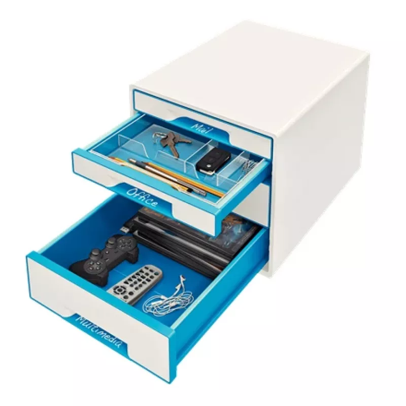 Leitz WOW Cube stalčių spintelė, 4 stalčiai, plastikas, mėlyna, balta, 1 vnt., 287 mm, 270 mm