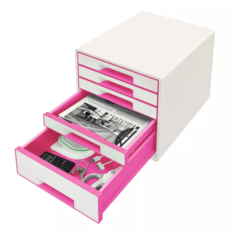 Leitz WOW Cube stalčių spintelė, 5 stalčiai, plastikinė, rožinė, balta, 1 vnt., 270 mm, 287 mm
