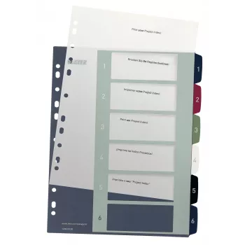 Leitz Index PC Spausdinamas 1-6 Stiliaus PP A4+, Skaitmeninis skirtukų rodyklė, Polipropilenas (PP), Įvairiaspalvis, Stačias, A4 Maxi, 245 mm