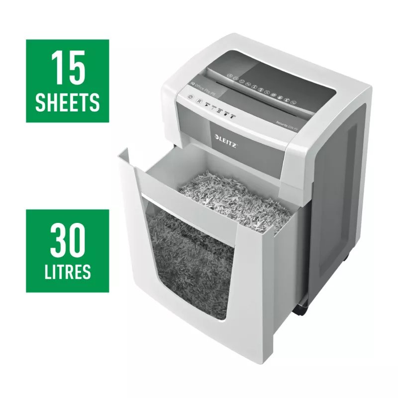 Leitz IQ Office Pro popieriaus smulkintuvas P5, mikropjovimas, 23 cm, 2 x 15 mm, 30 l, 300 lapų, 55 dB
