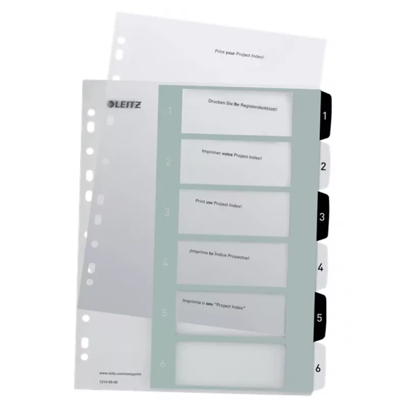 Leitz Indices Printable PP A4+ 1-6 WOW White/Juoda, numeruotos skirtukai, polipropilenas (PP), juoda, balta, A4 Maxi, 245 mm, 305 mm