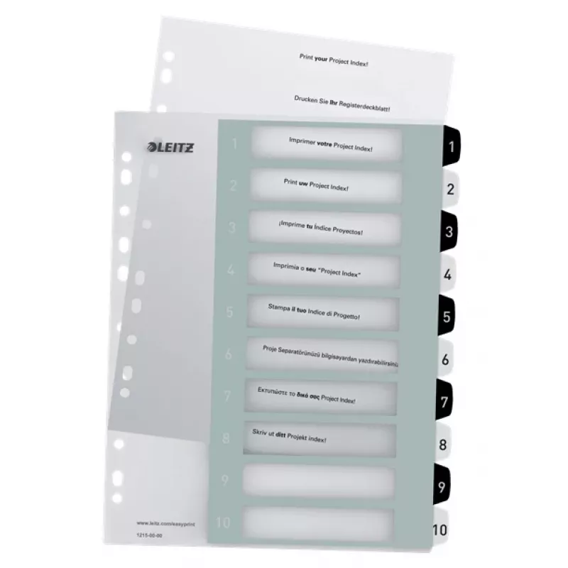 Leitz Indices Printable PP A4+ 1-10 WOW White/Juoda, skaitmeninis skirtukų rodyklė, polipropilenas (PP), juoda, balta, A4 Maxi, 245 mm, 305 mm