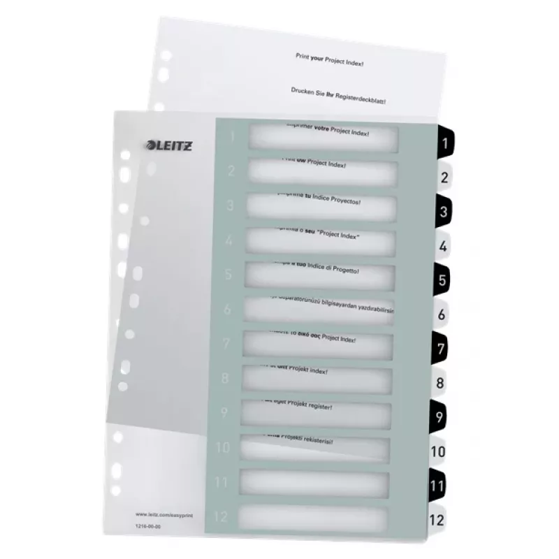 Leitz Indices Printable PP A4+ 1-12 WOW White/Juoda, Skaitmeninis skirtukų rodyklė, Polipropilenas (PP), Juoda, Balta, A4 Maxi, 245 mm, 305 mm
