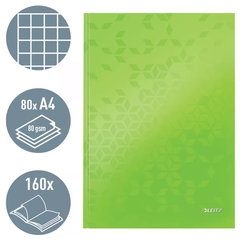 Leitz WOW sąsiuvinis A4 languotas kietu viršeliu 90g/80 lapų, Raštuotas, Žalias, A4, 80 lapų, 80 g/m², Languotas popierius