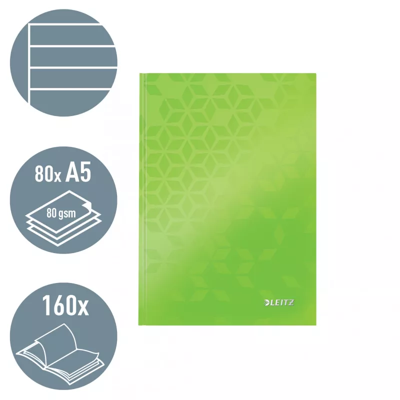 Leitz Notebook WOW A5 liniuotas, kietu viršeliu, 90g/80 lapų, raštas, žalias, A5, 80 lapų, 80 g/m², liniuotas popierius
