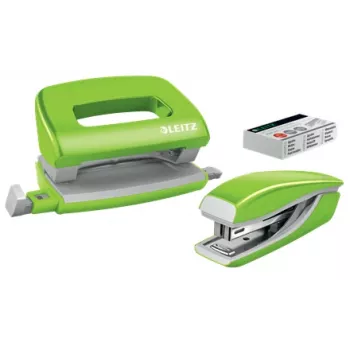 Leitz segiklio ir skylamušio rinkinys Mini WOW, 10 lapų, žalias, P2, metalas, plastikas, 3,5 cm, 100 segtukų
