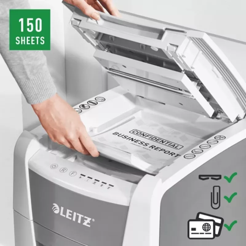 Leitz IQ Autofeed Office 150 automatinis popieriaus smulkintuvas P5, mikro pjovimas, 22 cm, 2 x 15 mm, 44 l, 500 lapų, 55 dB