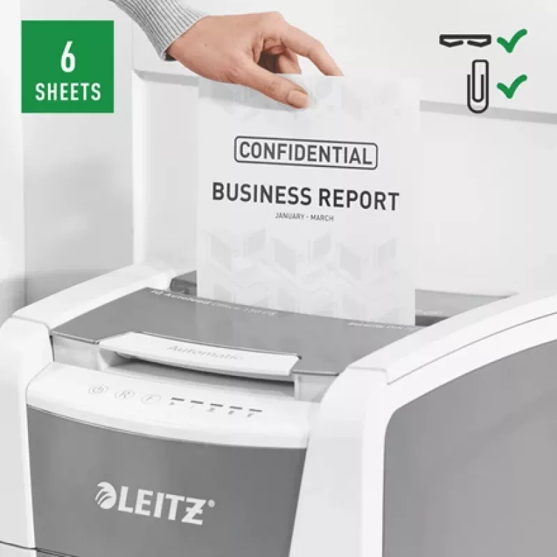 Leitz IQ Autofeed Office 150 automatinis popieriaus smulkintuvas P5, mikro pjovimas, 22 cm, 2 x 15 mm, 44 l, 500 lapų, 55 dB