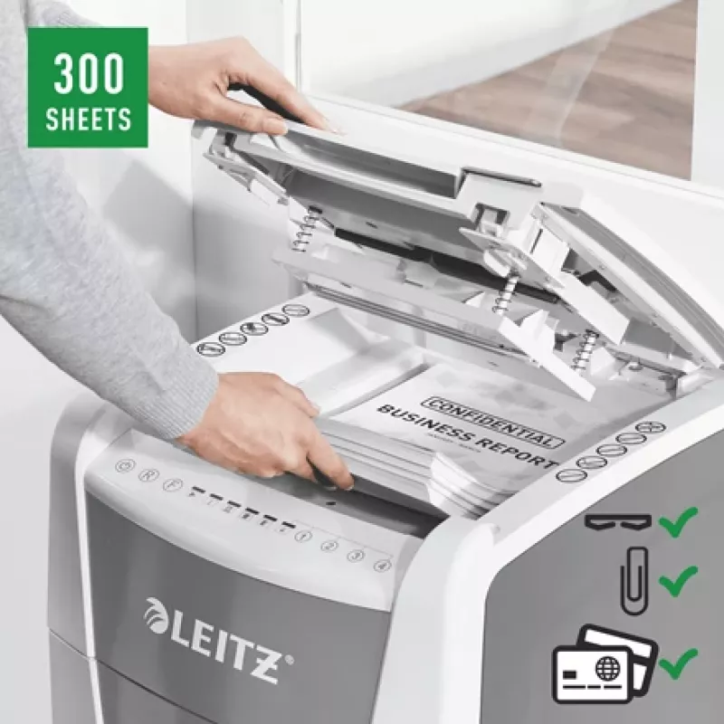 Leitz IQ Autofeed Office 300 automatinis popieriaus smulkintuvas P5, mikropjovimo smulkinimas, 22 cm, 2 x 15 mm, 60 L, 700 lapų, 55 dB