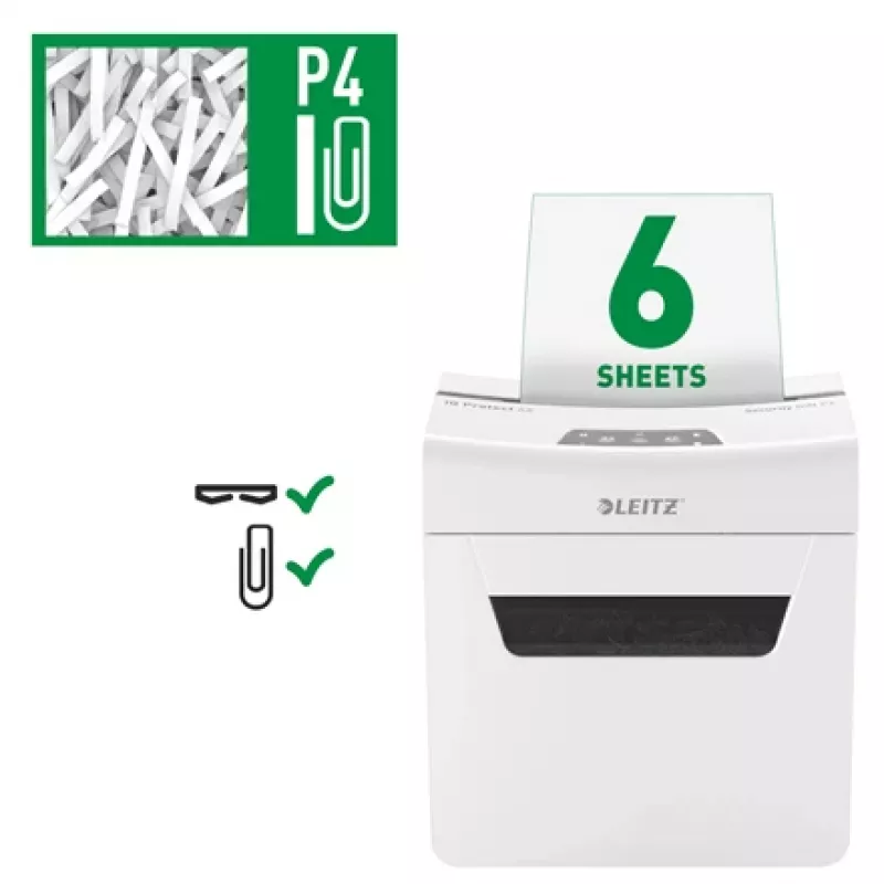 Leitz IQ Protect Premium popieriaus smulkintuvas 6X P4, 4 x 40 mm, 10 L, 100 lapų, 55 dB, lietimui jautrus, 6 lapai