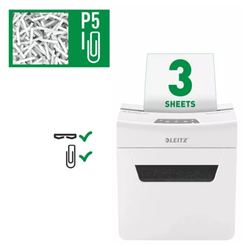 Leitz IQ Protect Premium popieriaus smulkintuvas 3M P5, mikro pjovimo, 2 x 15 mm, 10 l, 125 lapai, 55 dB, jutiklinis
