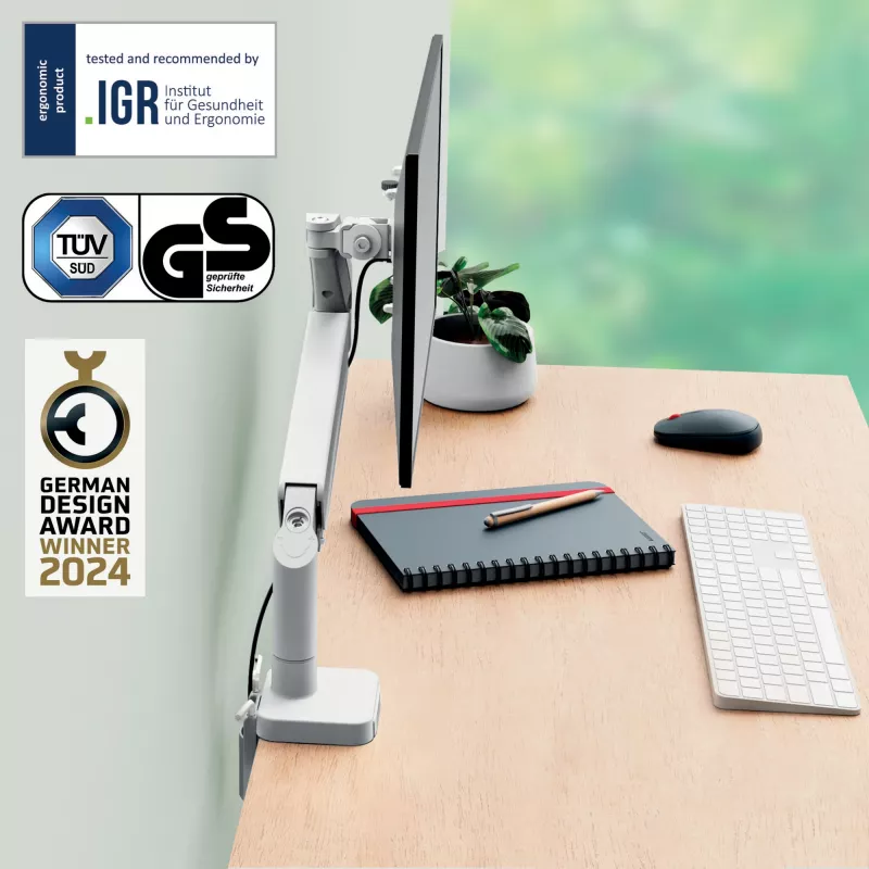 Leitz Ergo vietą taupanti vieno monitoriaus svirtis, spaustuvas/praėjimo anga, 9 kg, 43,2 cm (17 coliai), 81,3 cm (32 coliai), 100 x 100 mm, pilka