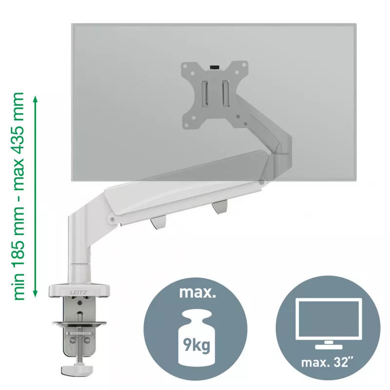 Leitz Ergo vietą taupanti vieno monitoriaus svirtis, spaustuvas/praėjimo anga, 9 kg, 43,2 cm (17 coliai), 81,3 cm (32 coliai), 100 x 100 mm, pilka