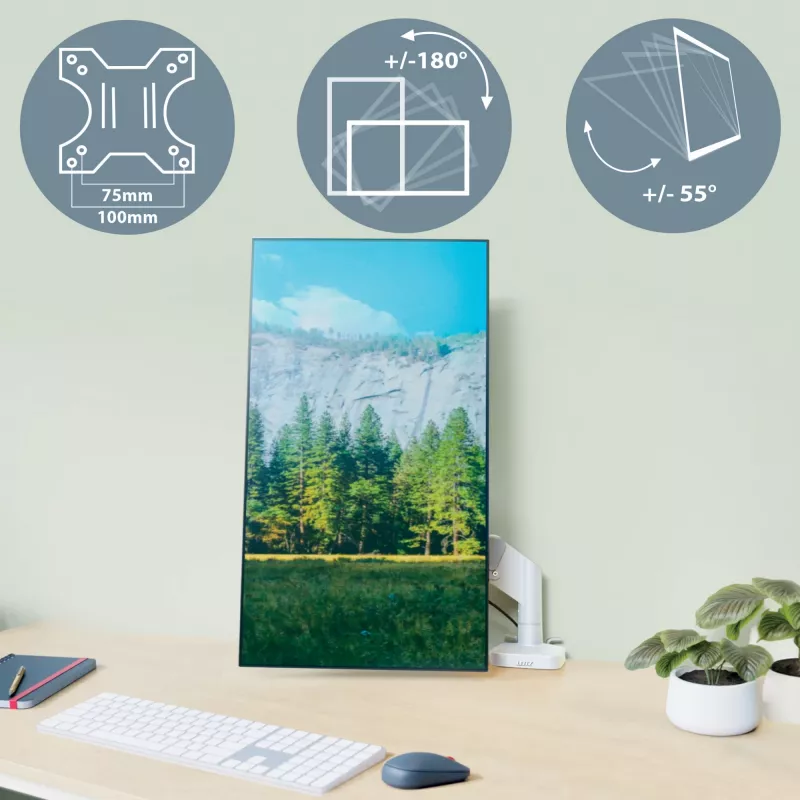 Leitz Ergo vietą taupanti vieno monitoriaus svirtis, spaustuvas/praėjimo anga, 9 kg, 43,2 cm (17 coliai), 81,3 cm (32 coliai), 100 x 100 mm, pilka