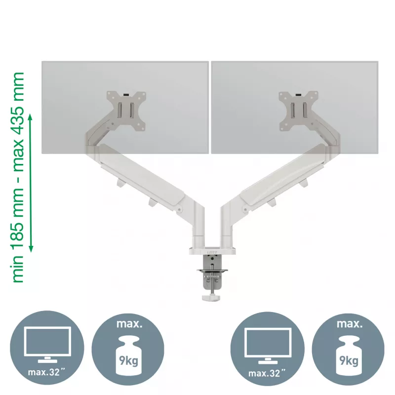 Leitz Ergo vietą taupanti dviguba monitoriaus rankenėlė, spaustuvas / kiauryminis tvirtinimas, 18 kg, 43,2 cm (17 col.), 81,3 cm (32 col.), 100 x 100 mm, Pilka