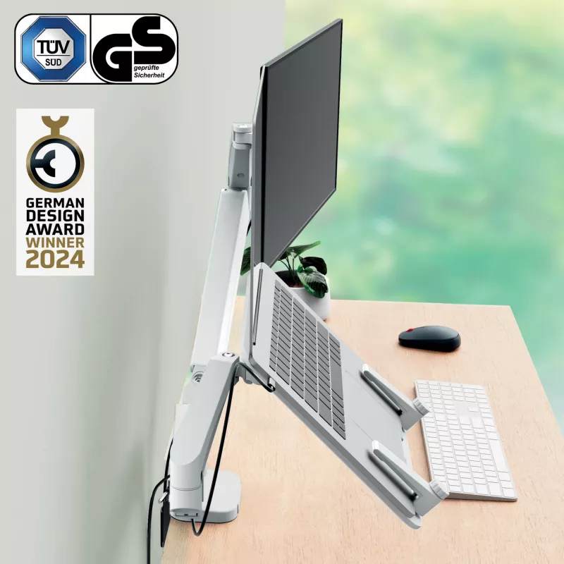 Leitz Ergo Space Saving dvigubas monitoriaus ir nešiojamojo kompiuterio stovas, spaustukas/priveržimas, 9 kg, 33 cm (13 colių), 81.3 cm (32 colių), 100 x 100 mm, pilkas