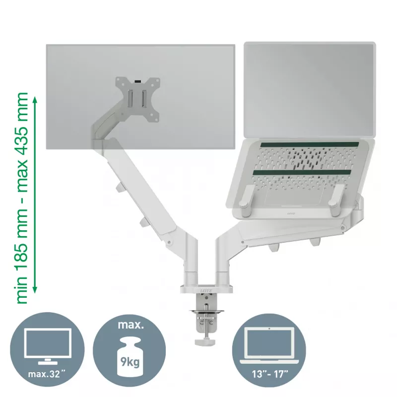 Leitz Ergo Space Saving dvigubas monitoriaus ir nešiojamojo kompiuterio stovas, spaustukas/priveržimas, 9 kg, 33 cm (13 colių), 81.3 cm (32 colių), 100 x 100 mm, pilkas