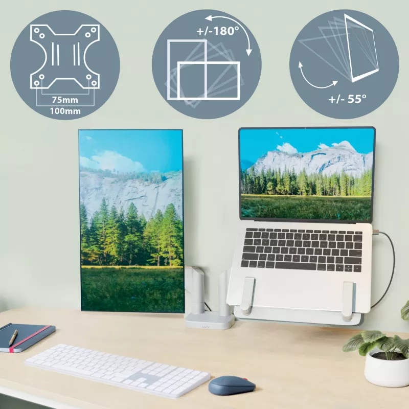 Leitz Ergo Space Saving dvigubas monitoriaus ir nešiojamojo kompiuterio stovas, spaustukas/priveržimas, 9 kg, 33 cm (13 colių), 81.3 cm (32 colių), 100 x 100 mm, pilkas