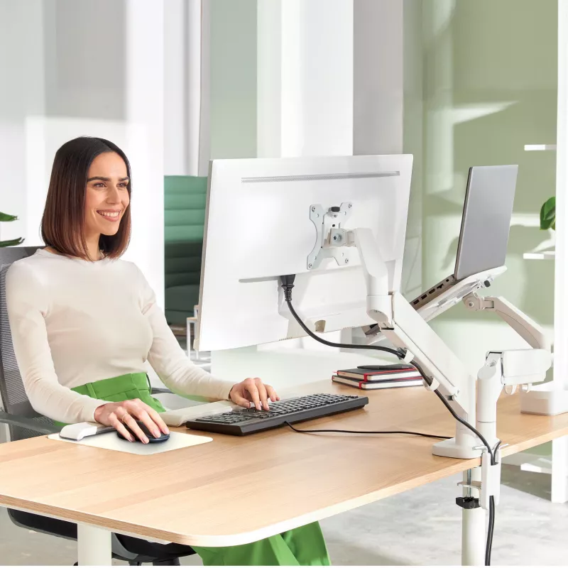 Leitz Ergo Space Saving dvigubas monitoriaus ir nešiojamojo kompiuterio stovas, spaustukas/priveržimas, 9 kg, 33 cm (13 colių), 81.3 cm (32 colių), 100 x 100 mm, pilkas