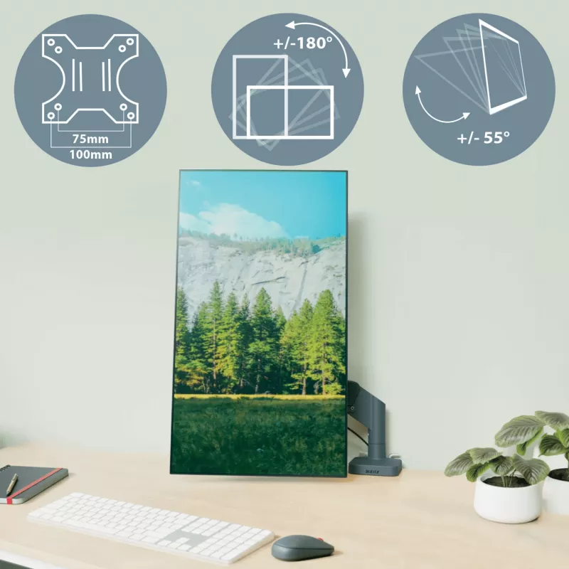 Leitz Ergo Space Saving dvigubas monitoriaus ir nešiojamojo kompiuterio stovas, spaustuvas / kiauryminis, 18 kg, 43,2 cm (17 colių), 81,3 cm (32 colių), 100 x 100 mm, tamsiai pilkas