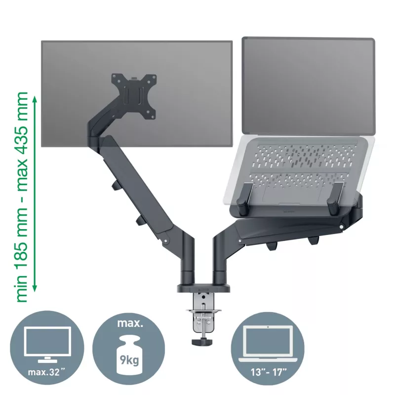Leitz Ergo Space Saving dvigubas monitoriaus ir nešiojamojo kompiuterio stovas, spaustuvas / kiauryminis, 18 kg, 43,2 cm (17 colių), 81,3 cm (32 colių), 100 x 100 mm, tamsiai pilkas