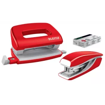 Leitz segiklio ir skylamušio rinkinys Mini WOW, 10 lapų, raudoni, P2, metaliniai, 80 g/m², 3,5 cm