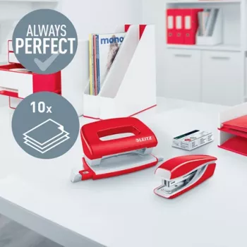 Leitz segiklio ir skylamušio rinkinys Mini WOW, 10 lapų, raudoni, P2, metaliniai, 80 g/m², 3,5 cm