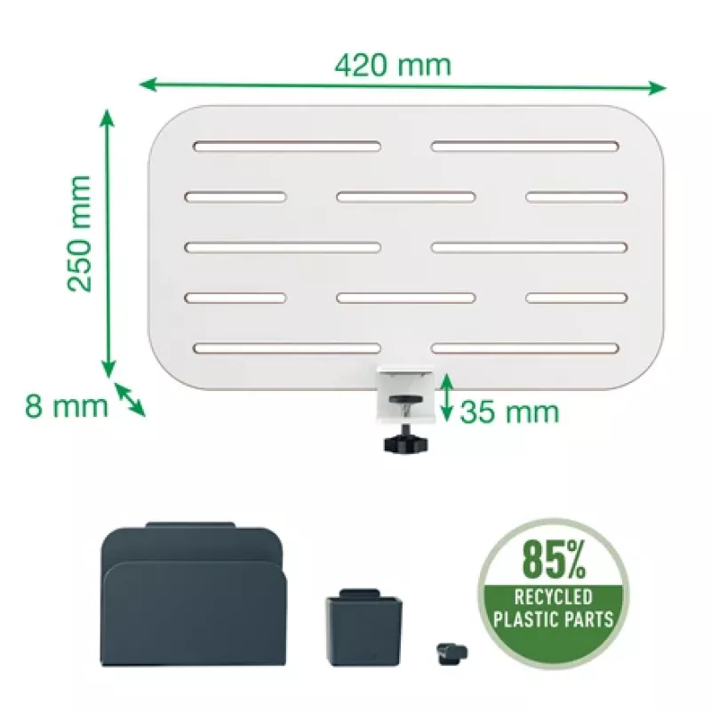 Leitz Ergo Small Pegboard Desk Organiser, 42x25 cm, MDF, Recycled plastic, Rubber, White, Clamp mount, Letter, Paper, Picture, 450 x 61 x 330 mm, 450 mm